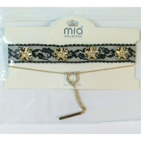 Mia Collection Black Lace & Gold Floral Choker + Diamond Studded Circle Necklace - Picture 3 of 11